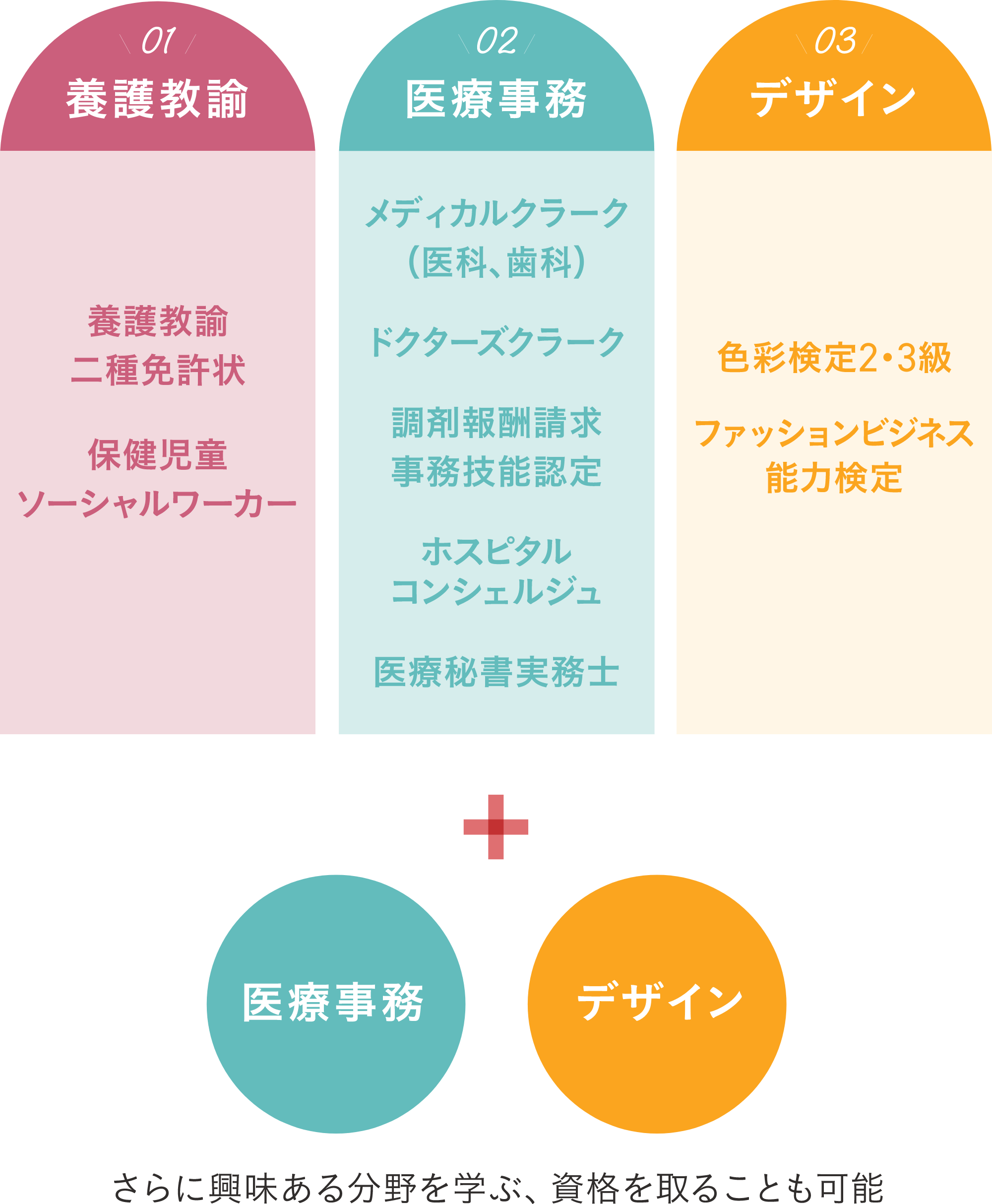 01 養護教諭 養護教諭二種免許状 保健児童ソーシャルワーカー 02 医療事務 メディカルクラーク(医療、歯科) ドクターズクラーク 調剤報酬請求事務技能認定 ホスピタルコンシェルジュ 医療秘書実務士 03デザイン 色彩検定2・3級 ファッションビジネス能力検定 + 医療実務、デザイン 更に興味ある分野を学ぶ、資格をとることも可能